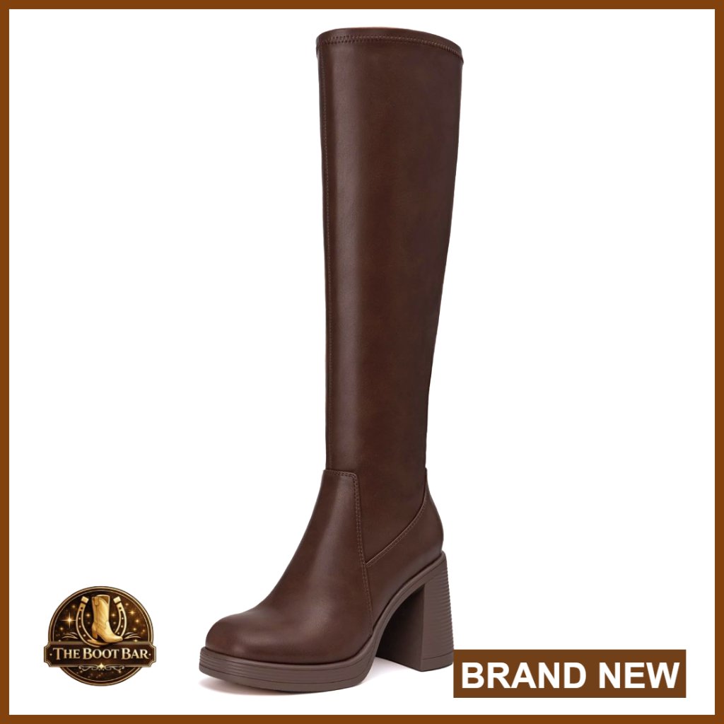 Knee High Platform Boots Square Toe Chunky Heel Stretchy Tall Boots Side Zipper